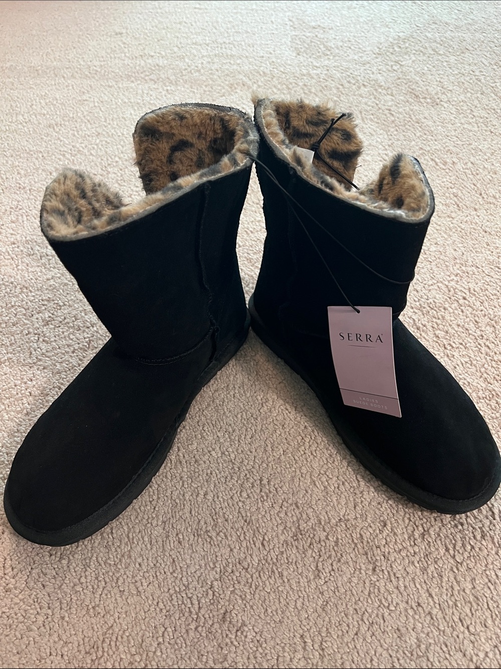 Serra Black Suede Women's Winter Boots with Leopard Faux-Fur Lining